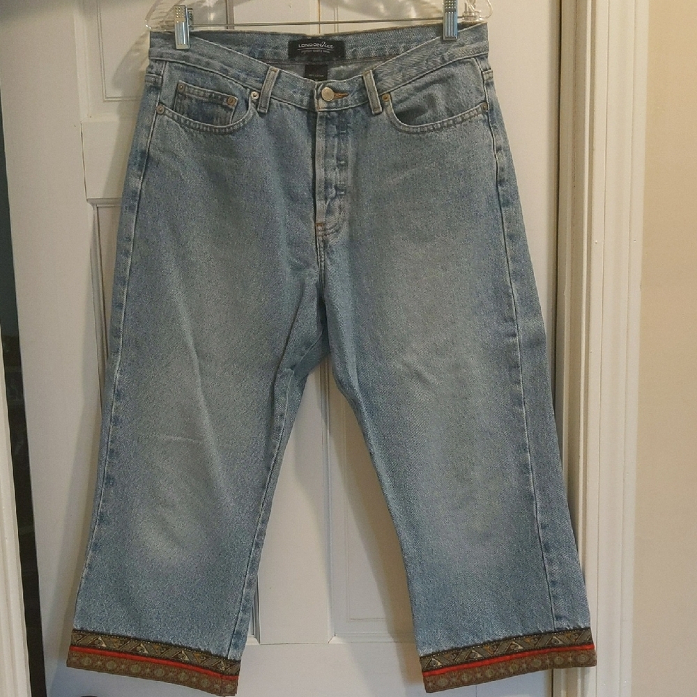Faded Blue sz 12 Cropped London Jeans with Red, Brown and Gold Ribbon Trim